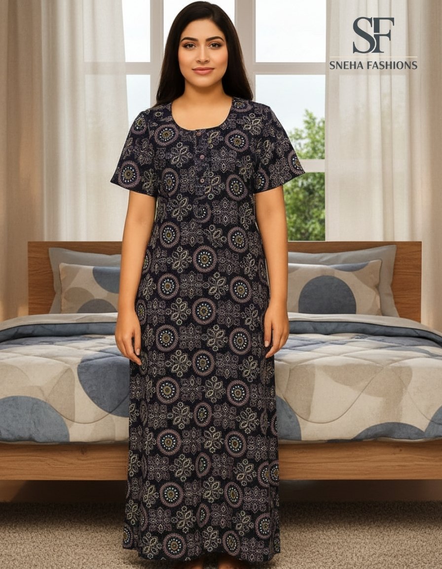 Floral Print Cotton Long Nighty