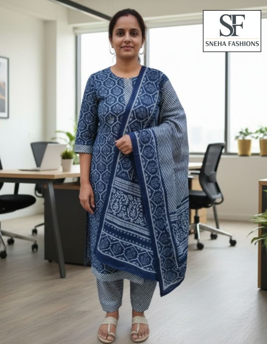 Blue Cotton Printed Ready To Wear Patiala Salwar Suit