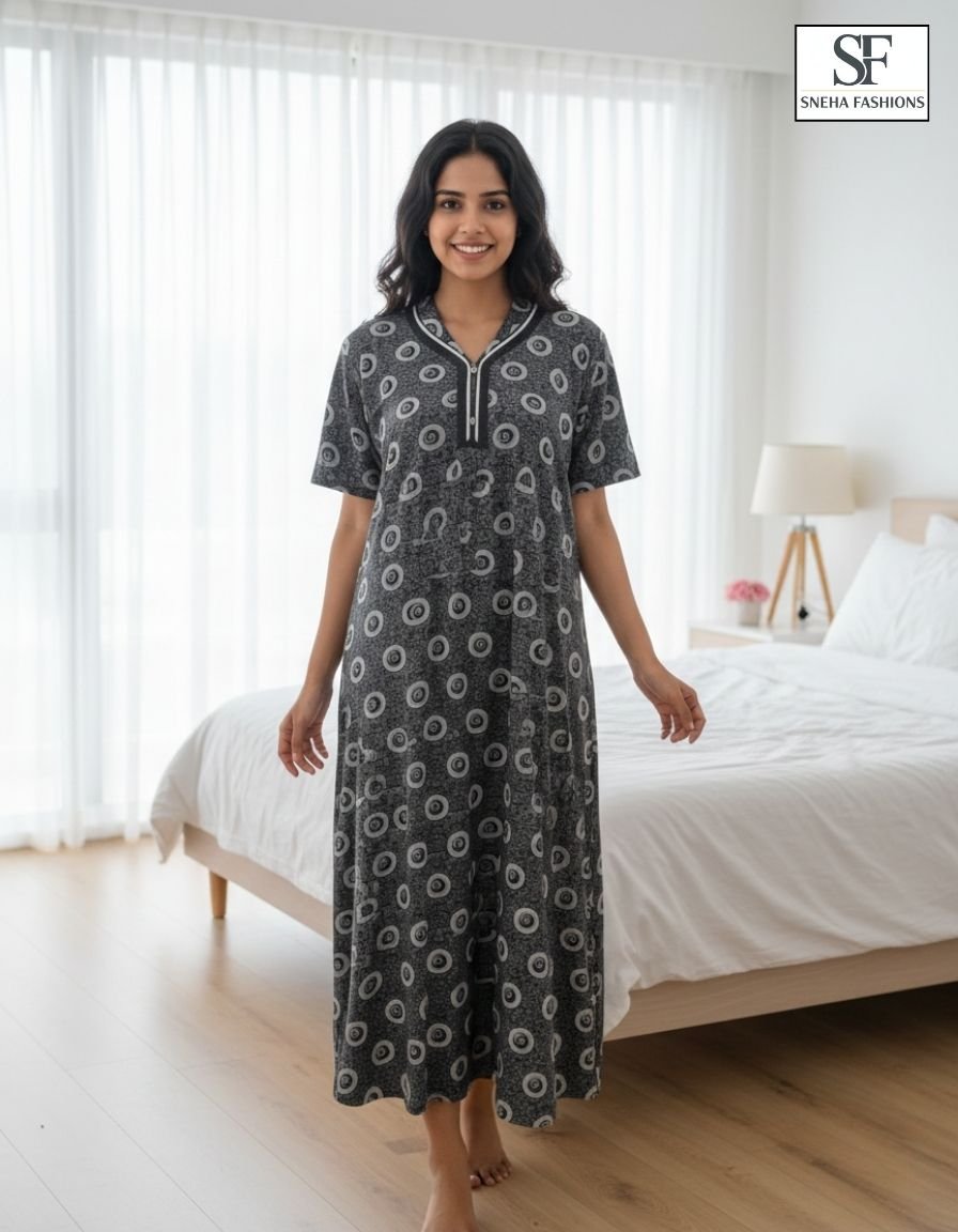 Grey All Over Printed Housecoat Nighty