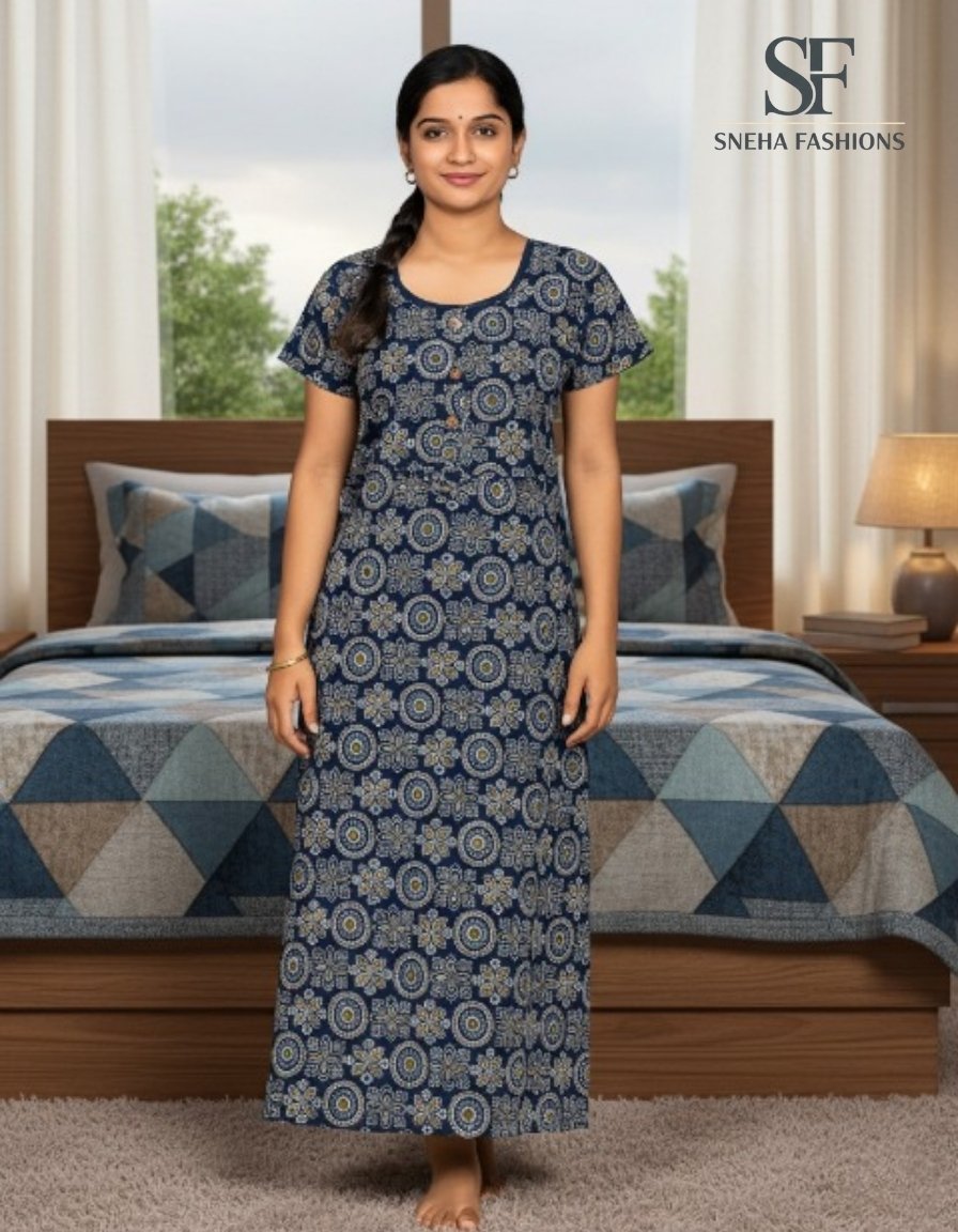 Blue Floral Design Cotton Maxiwear