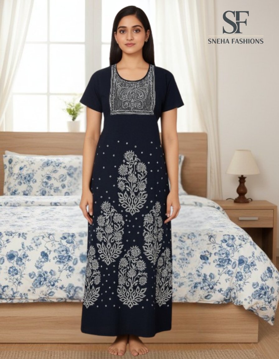Dark Blue Printed Cotton Nighty