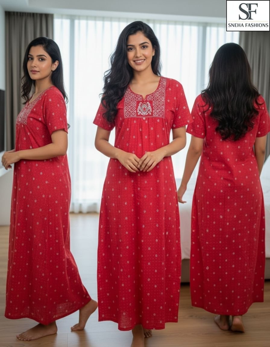Red Ethnic Pattern Cotton Night Dress